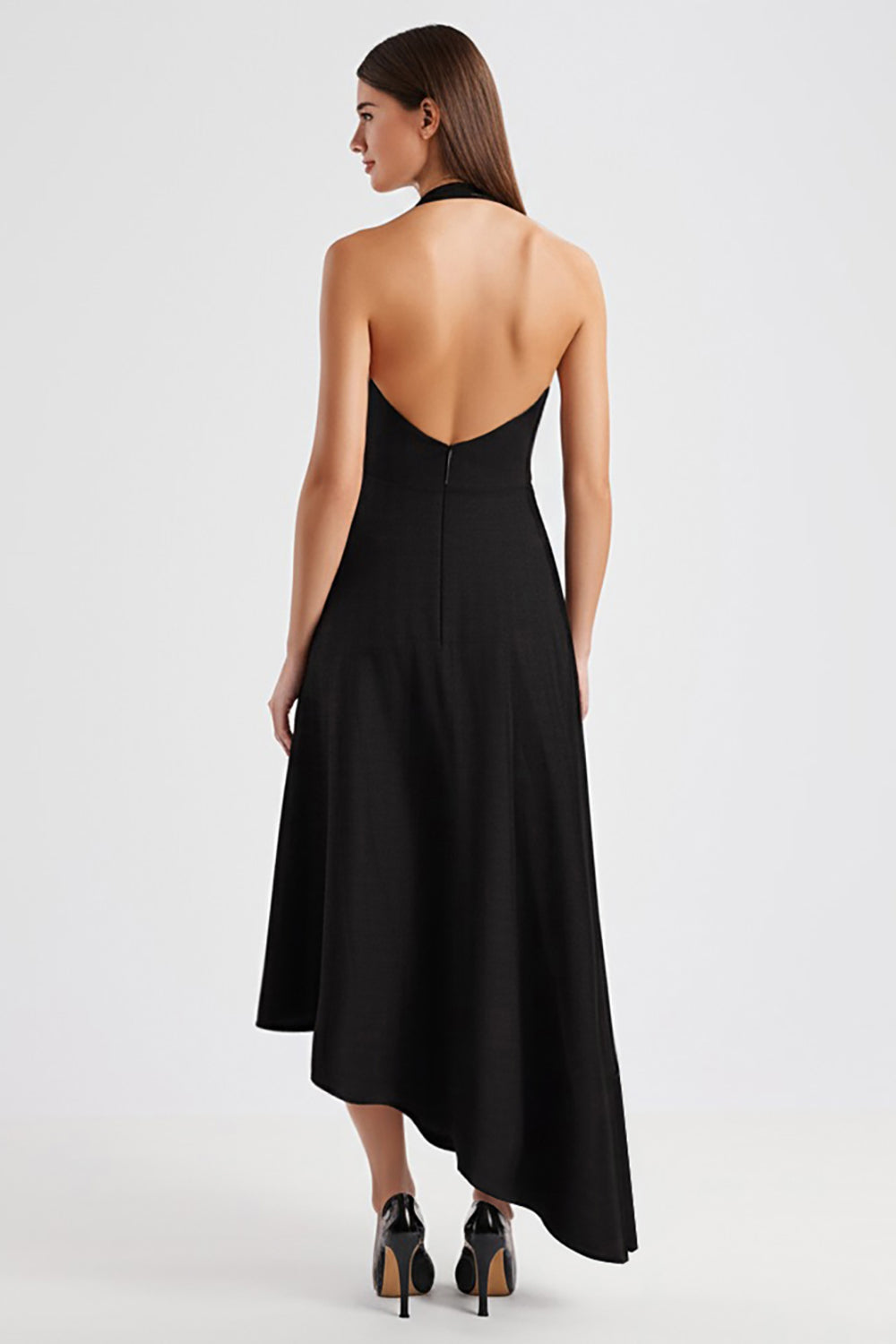 A Line Halter Sleeveless Long Black Tie Dress