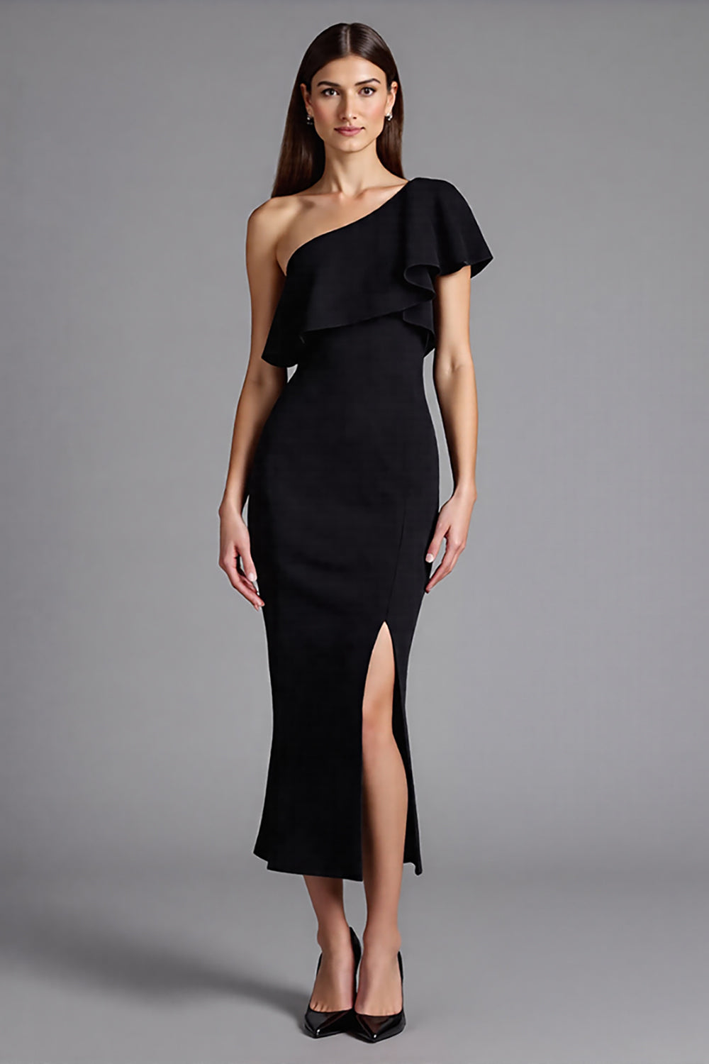 Black One Shoulder Sheath Ruffled Long Formal Dress