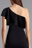 Black One Shoulder Sheath Ruffled Long Formal Dress
