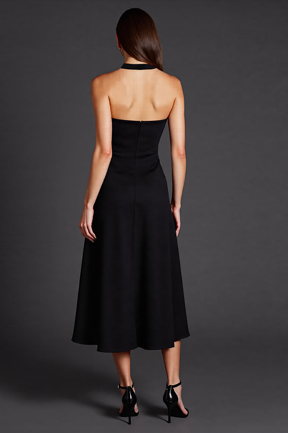 A Line Halter Black Midi Formal Dress with Slit