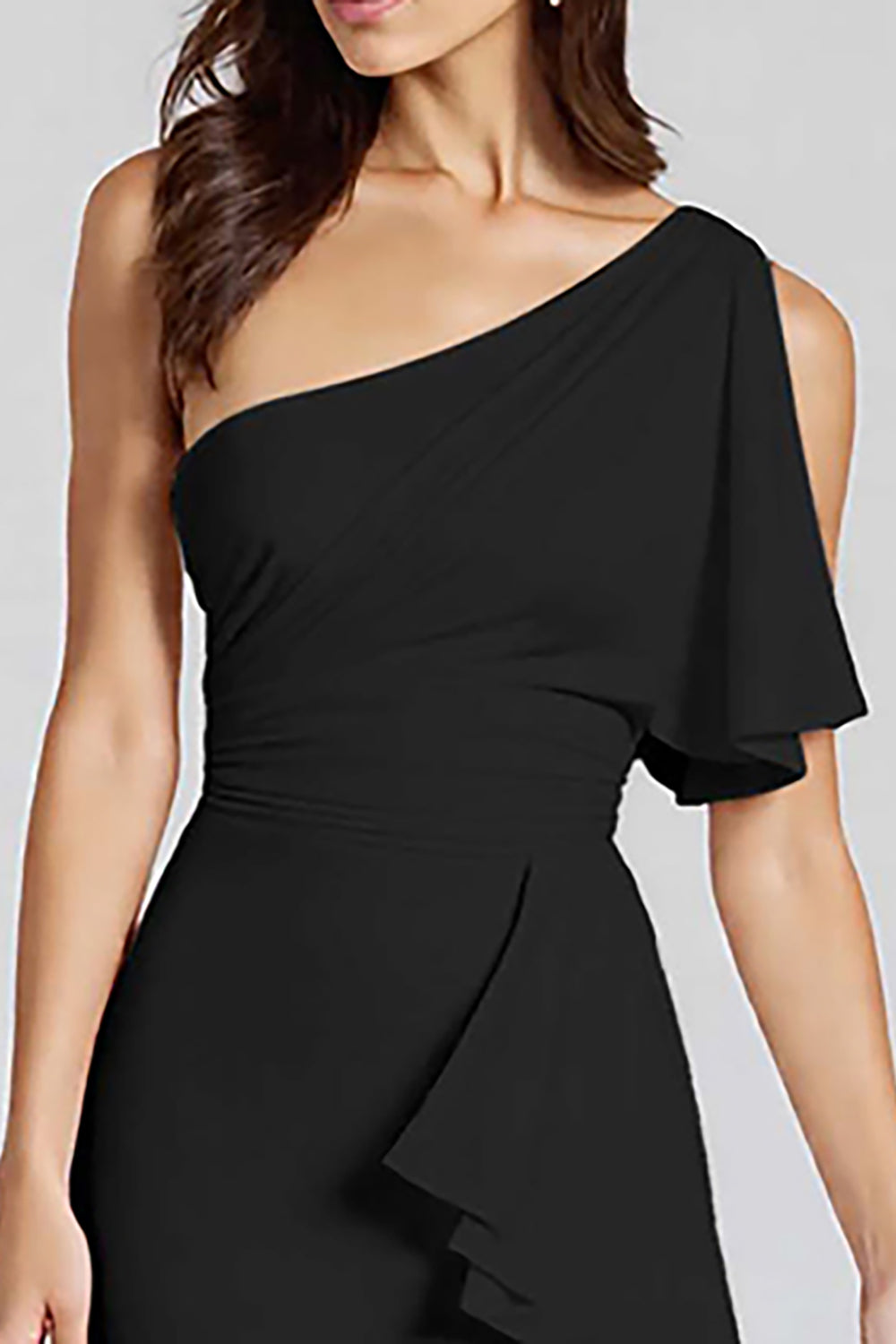 Ivory Sheath Ruffled One Shoulder Midi Graduation Dress