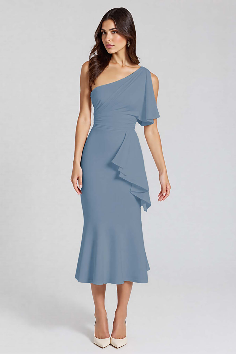 Ivory Sheath Ruffled One Shoulder Midi Graduation Dress