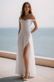 Sparkly Ivory Sequin Off the Shoulder Engagement Dress with Slit