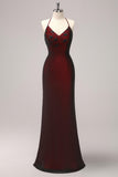Black Red Criss Cross Back Sheath Bridesmaid Dress with Beading