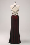 Black Red Criss Cross Back Sheath Bridesmaid Dress with Beading
