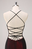 Black Red Criss Cross Back Sheath Bridesmaid Dress with Beading