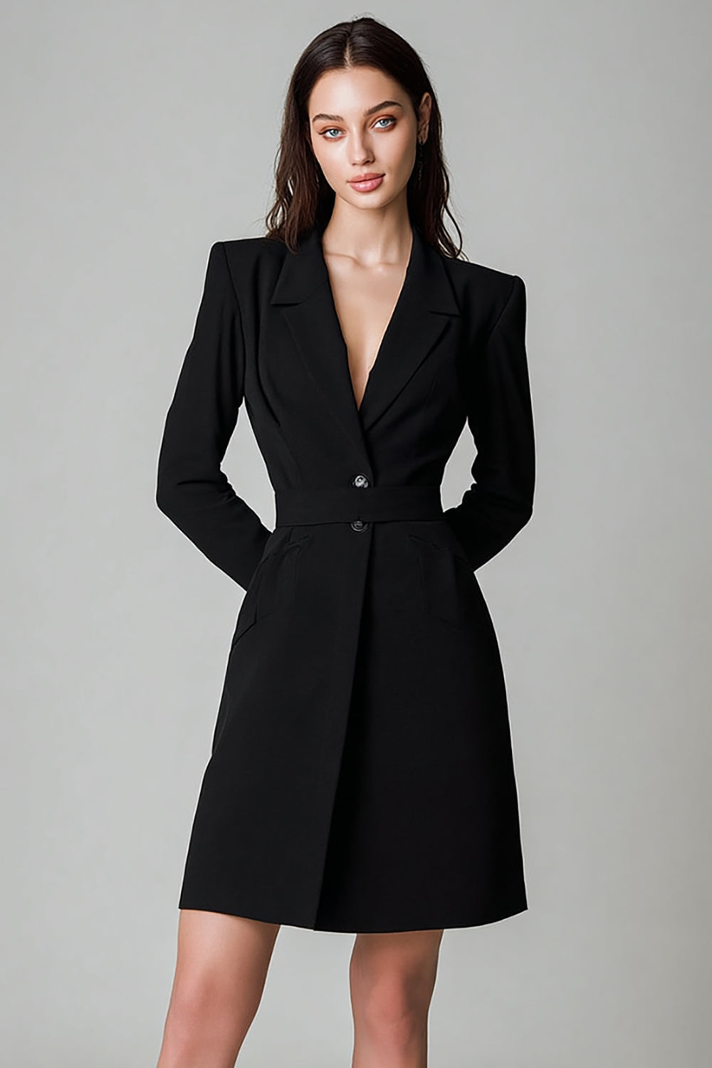 Black Notched Lapel Single Breasted Short Blazer Dress