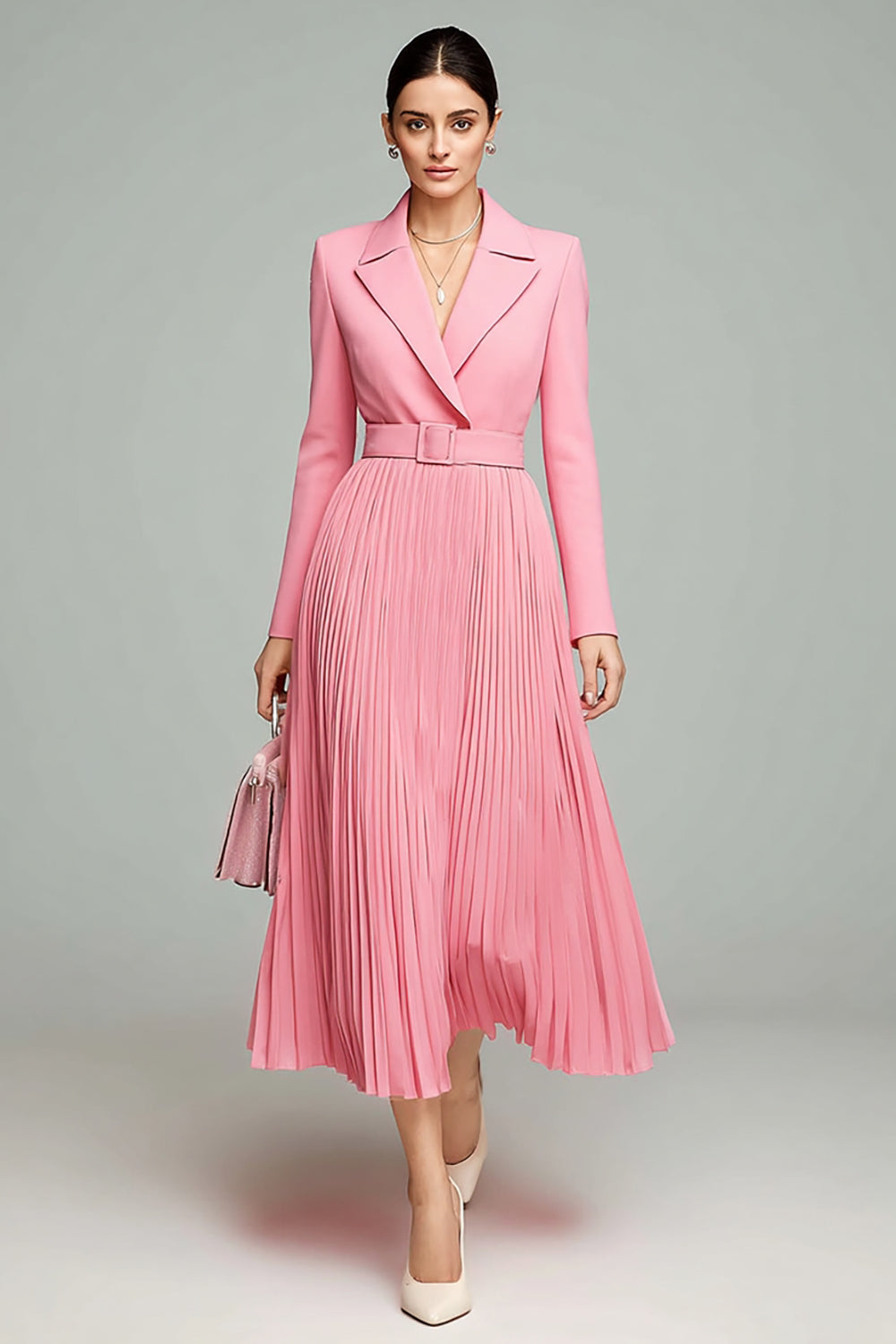 Pink Long Sleeves Pleated Blazer Dress