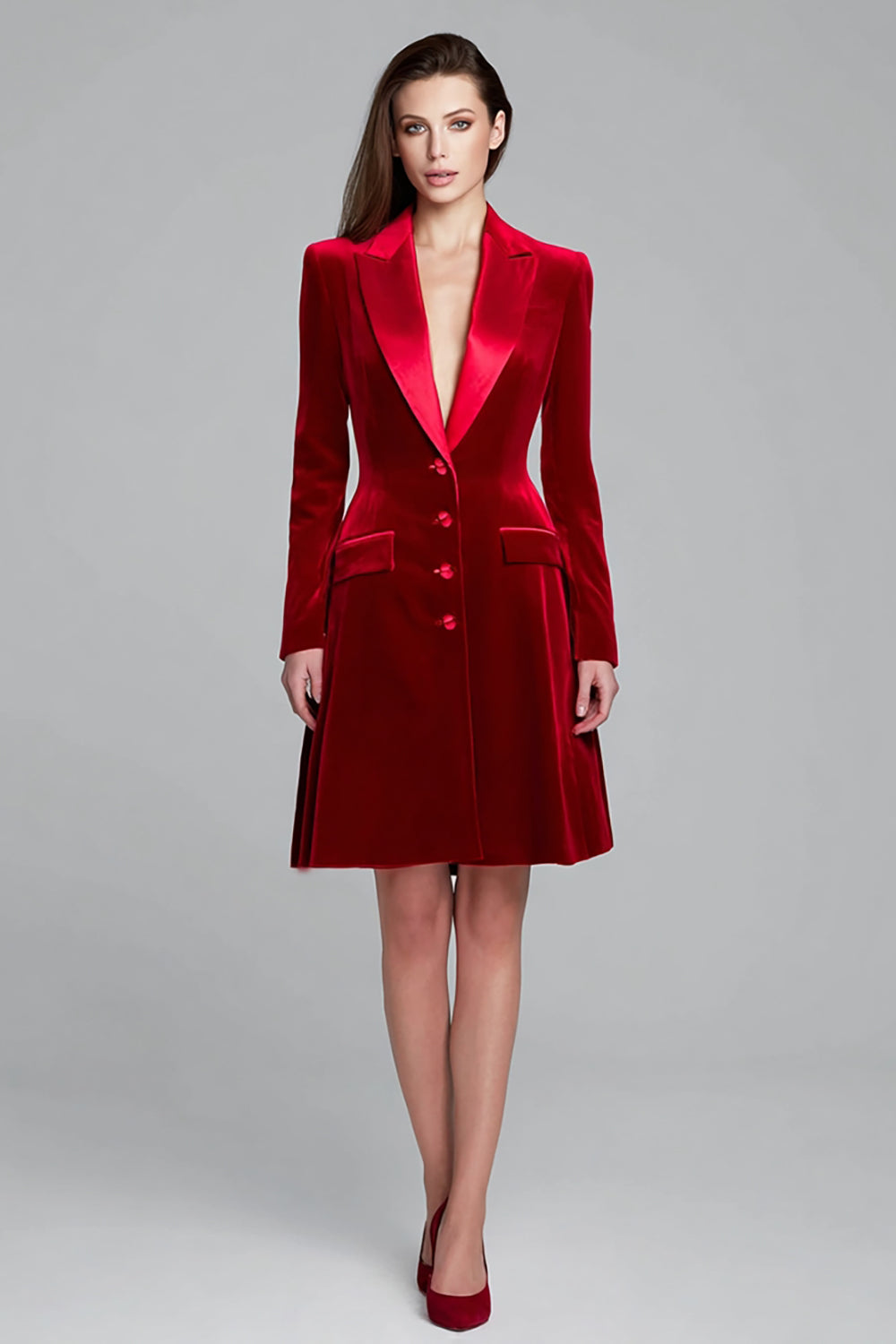 Burgundy Velvet Single Breasted Peak Lapel Blazer Dress