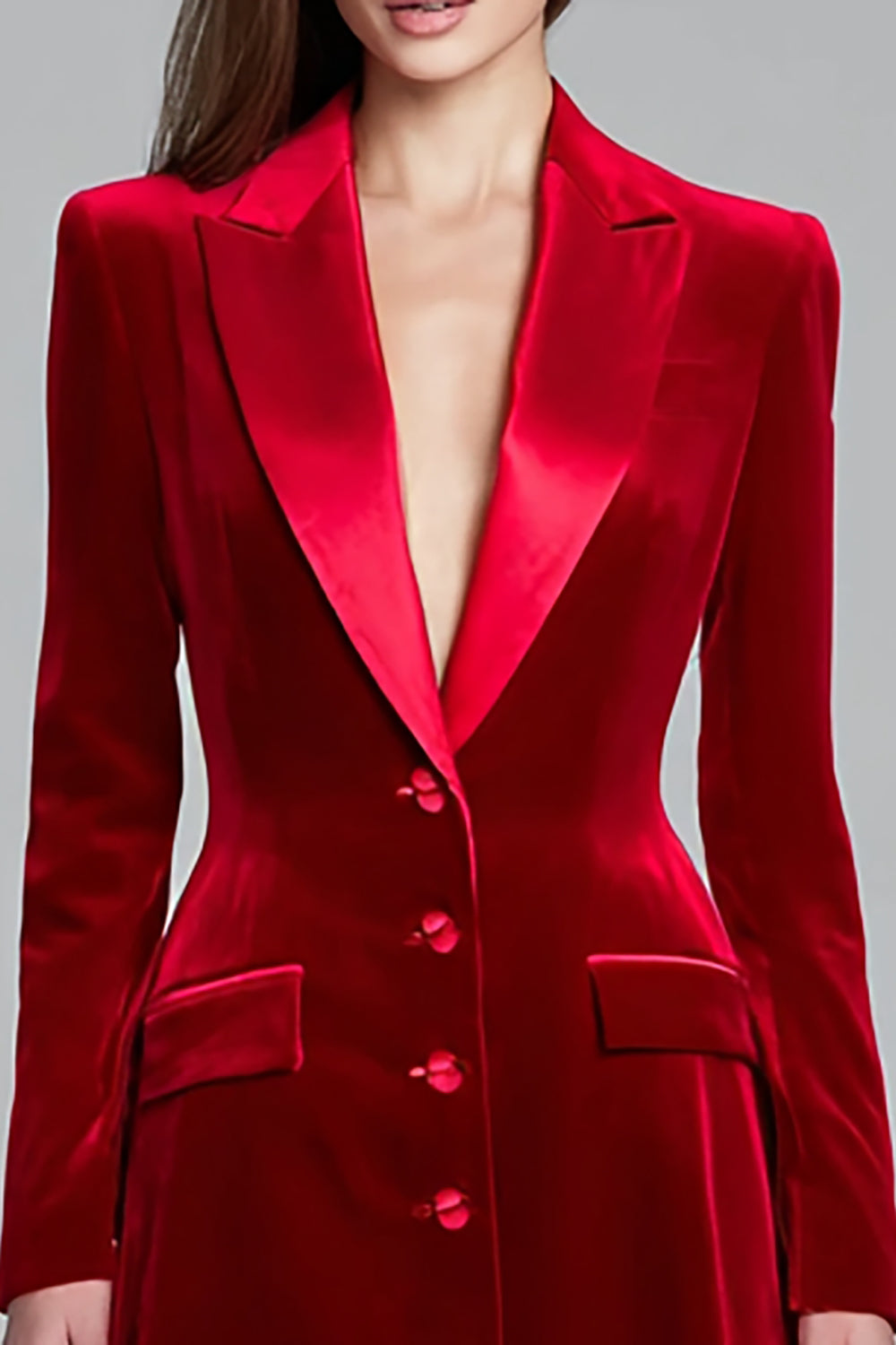 Burgundy Velvet Single Breasted Peak Lapel Blazer Dress