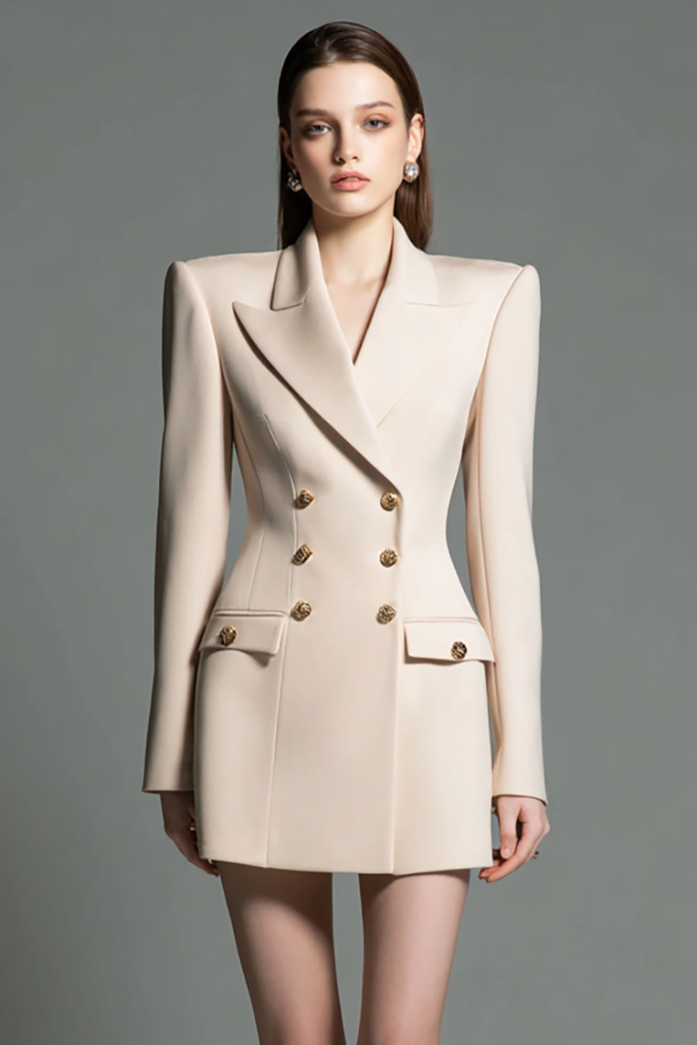 Champagne Double Breasted Peak Lapel Short Blazer Dress