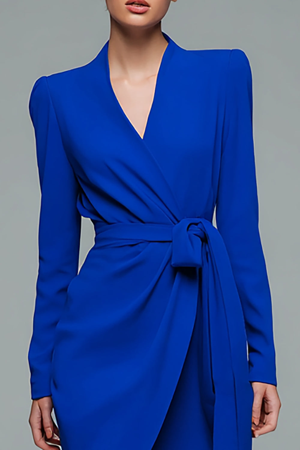 V-Neck Pencil Short Royal Blue Work Dress with Sash