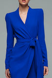 V-Neck Pencil Short Royal Blue Work Dress with Sash