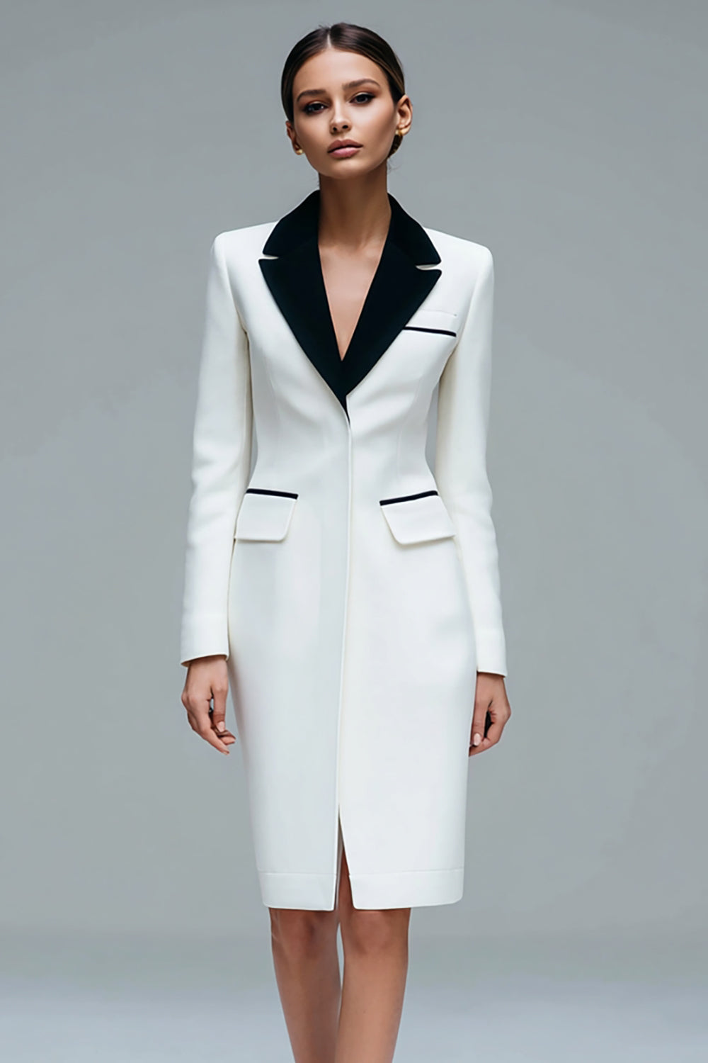 Ivory Pencil Notched Lapel Short Blazer Dress