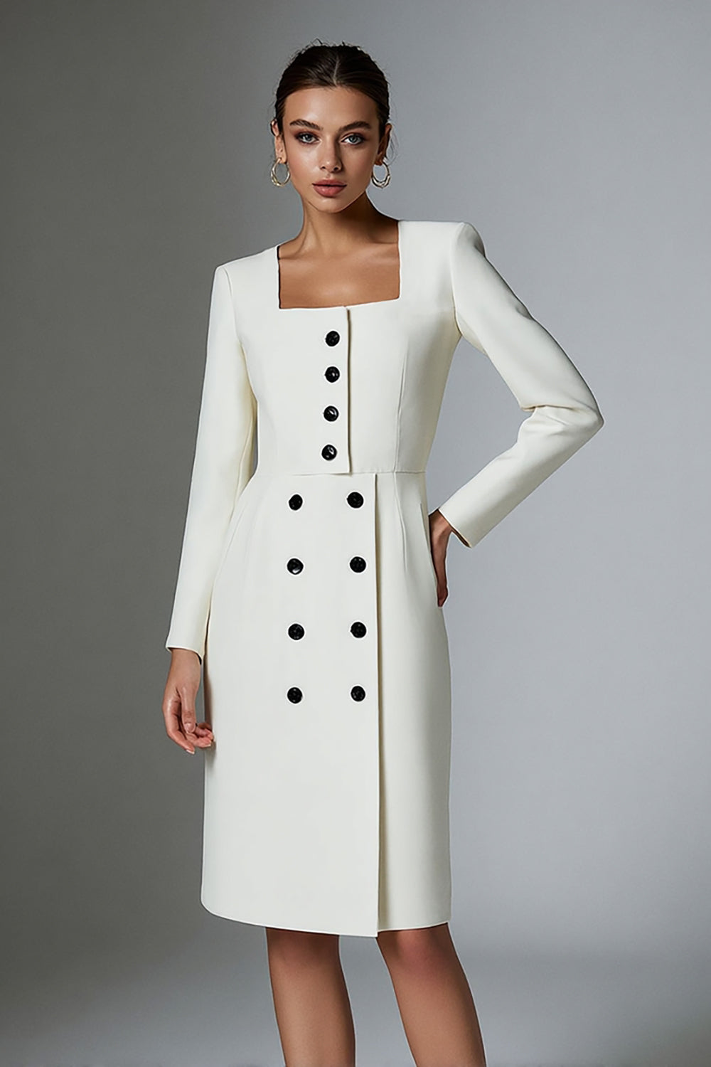 Ivory Square Neck Short Long Sleeve Pencil Work Dress