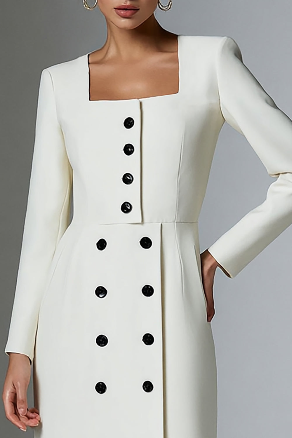 Ivory Square Neck Short Long Sleeve Pencil Work Dress