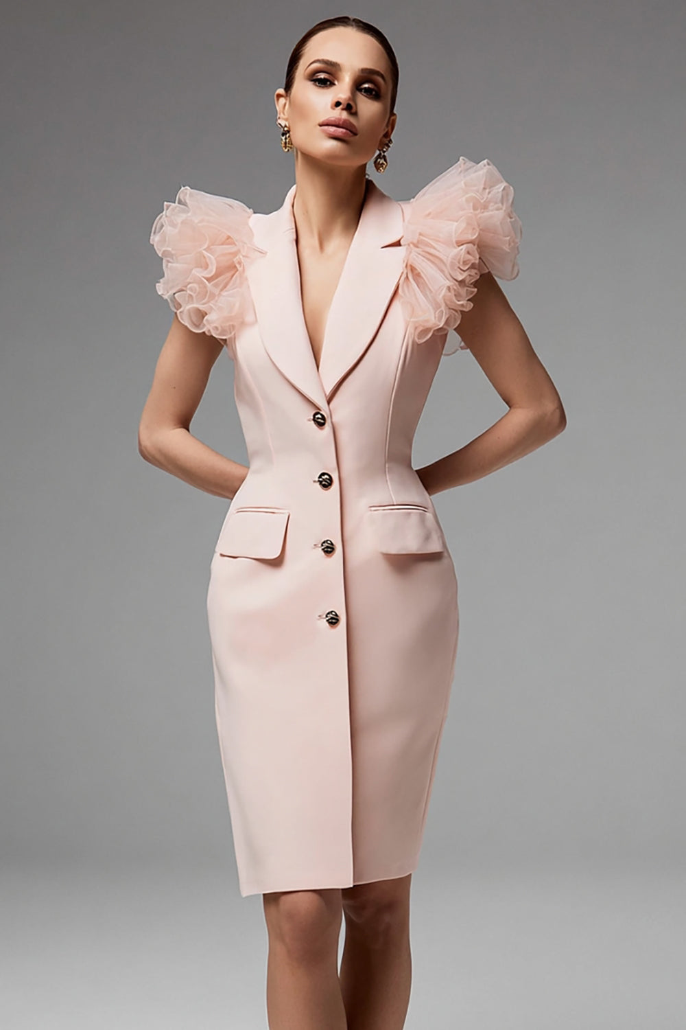 Pencil Single Breasted Short Pink Blazer Dress with Ruffles