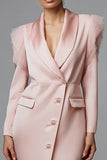 Pink Satin Sheath Shawl Lapel Midi Work Dress