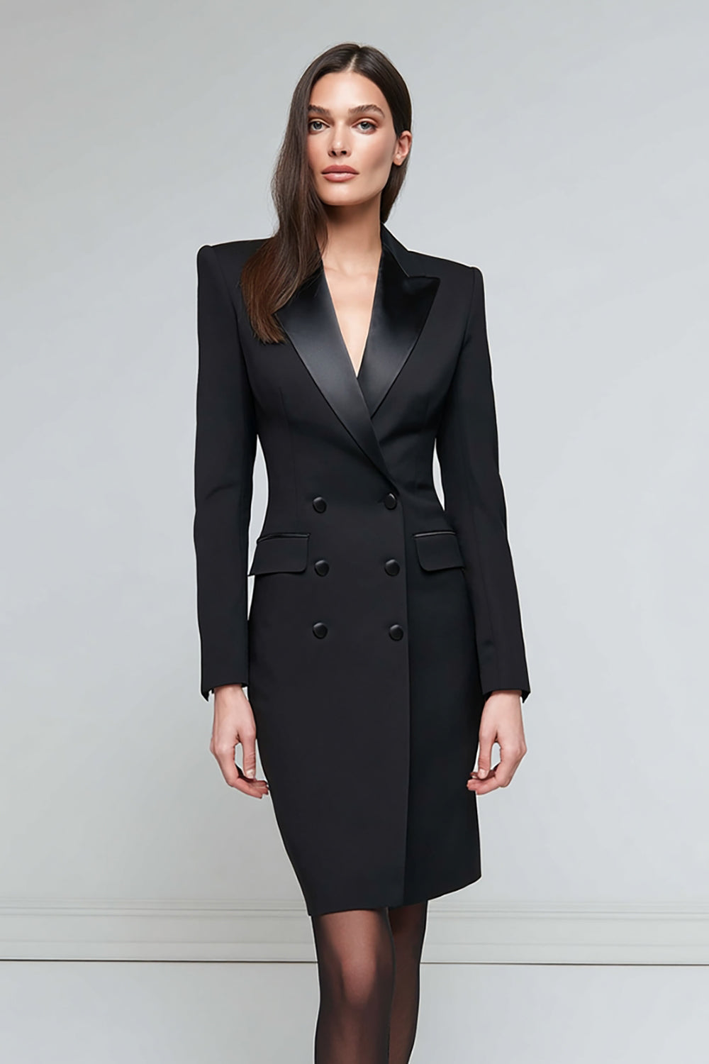 Satin Black Peak Lapel Midi Work Dress