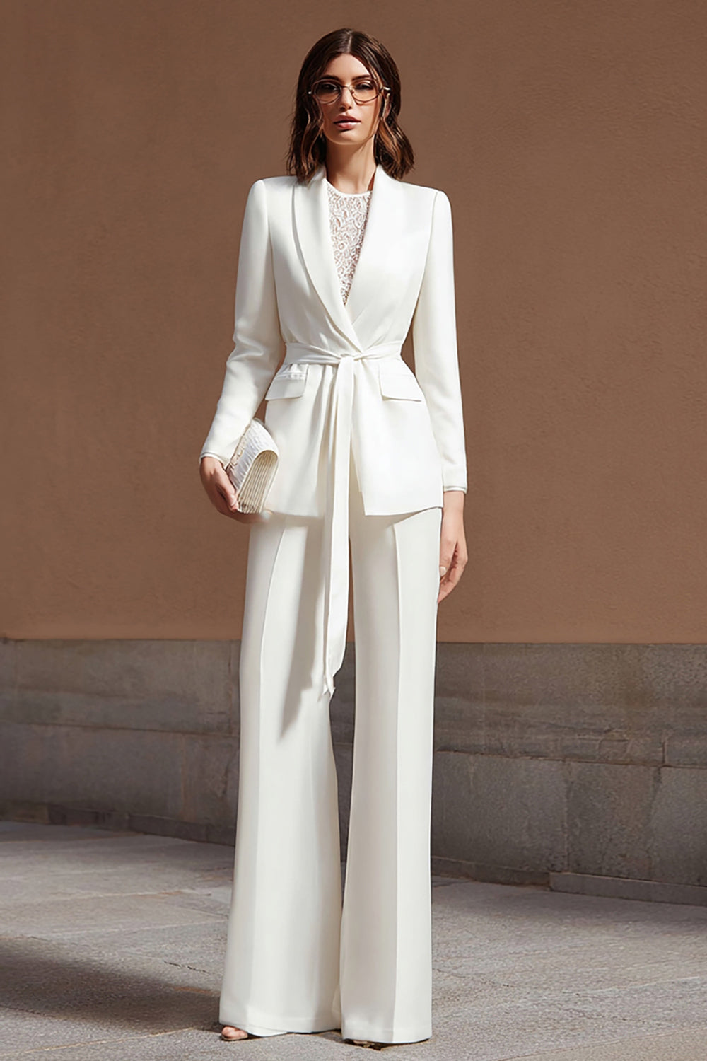 Ivory Satin 2 Piece Shawl Lapel Business Suits with Sash