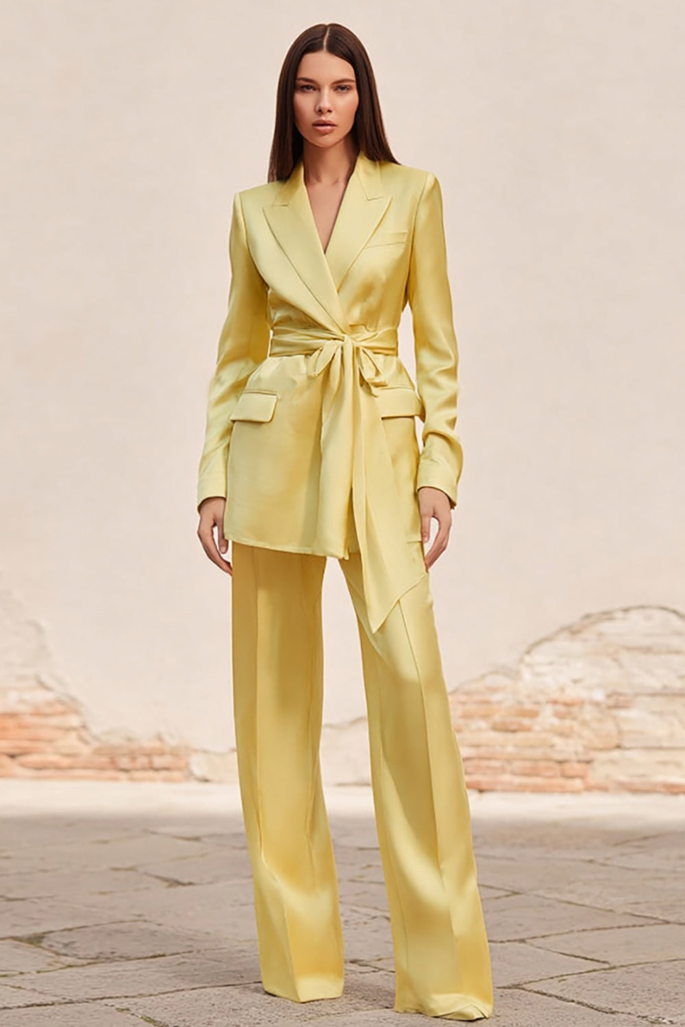 Daffodil Satin 2 Piece Peak Lapel Business Suits with Sash
