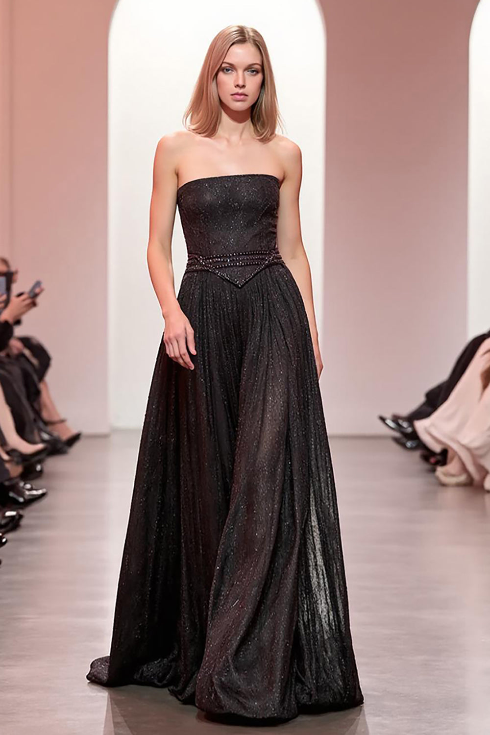 Black Sparkly Strapless Long A Line Evening Dress