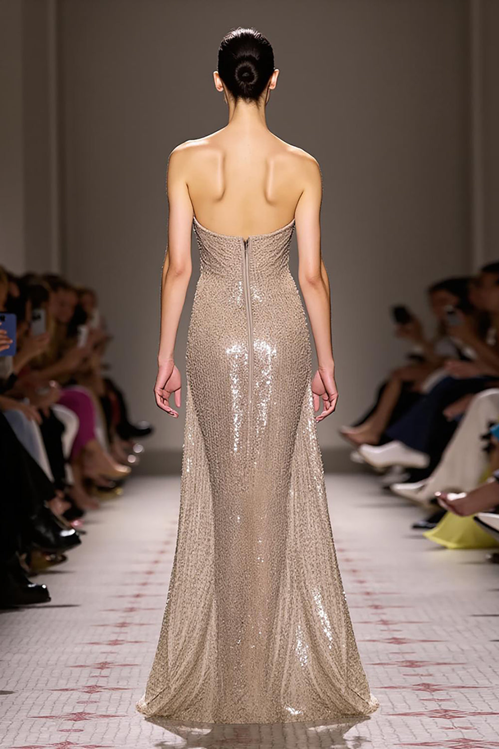 Sequin Champagne A-Line Strapless Long Evening Dress