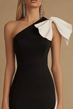 One Shoulder Black and White Sheath Evening Dress with Bow