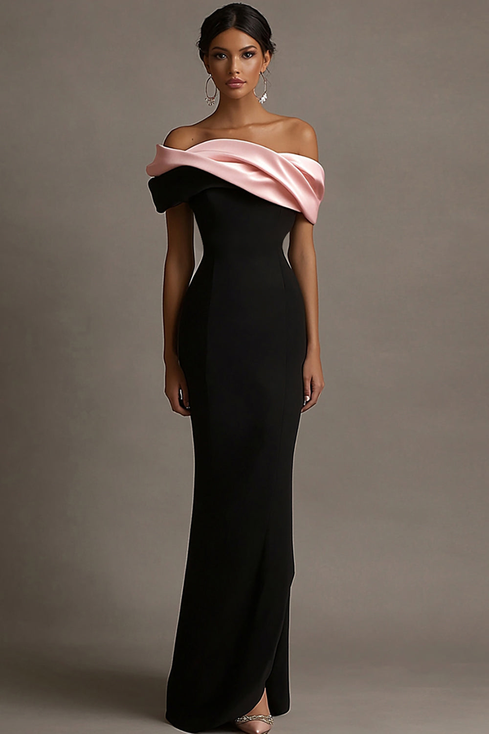 Black and Pink Satin Ruffled Off the Shoulder Sheath Long Evening Dress
