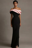 Black and Pink Satin Ruffled Off the Shoulder Sheath Long Evening Dress