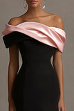 Black and Pink Satin Ruffled Off the Shoulder Sheath Long Evening Dress