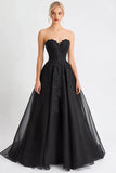 Black Tulle A Line Strapless Long Evening Dress with Appliques