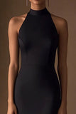 Black Satin Halter Sheath Long Evening Dress