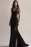 Black Scoop Neck Mermaid Evening Dress with Slit