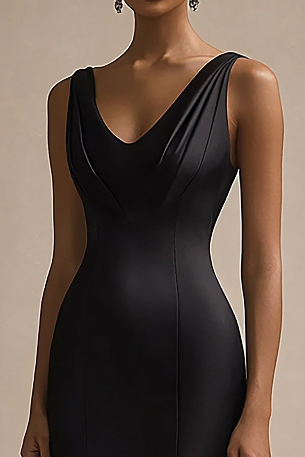 Black V Neck Mermaid Satin Long Evening Dress