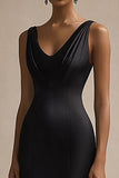 Black V Neck Mermaid Satin Long Evening Dress