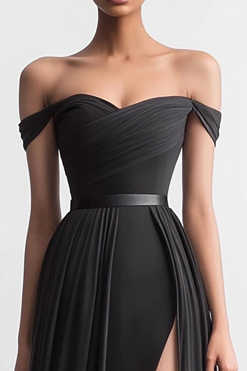 Off The Shoulder Black A Line Evening Dress with Slit