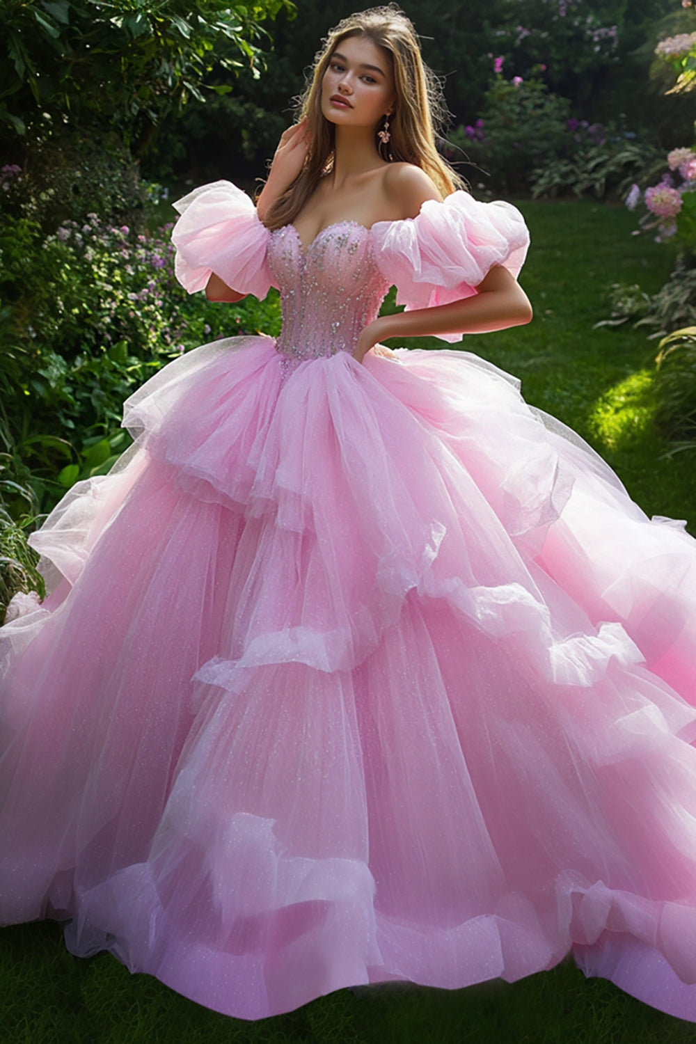 Princess Pink Ball Gown Off the Shoulder Ruffled Tulle Quinceanera Dress