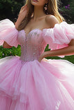 Princess Pink Ball Gown Off the Shoulder Ruffled Tulle Quinceanera Dress