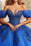 Ball Gown Off the Shoulder Royal Blue Appliqued Quinceanera Dress