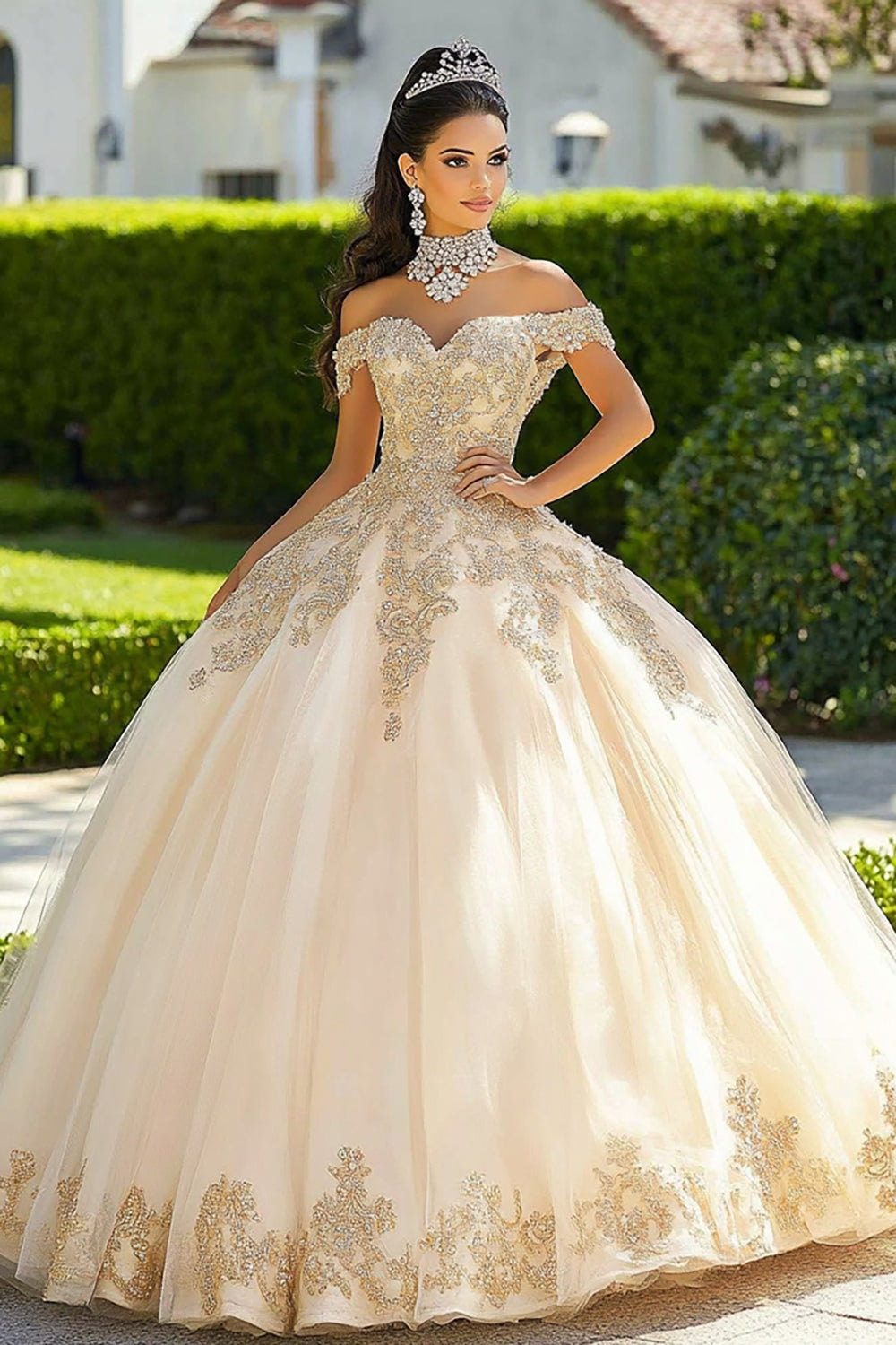 Ball Gown Off the Shoulder Champagne Appliqued Quinceanera Dress