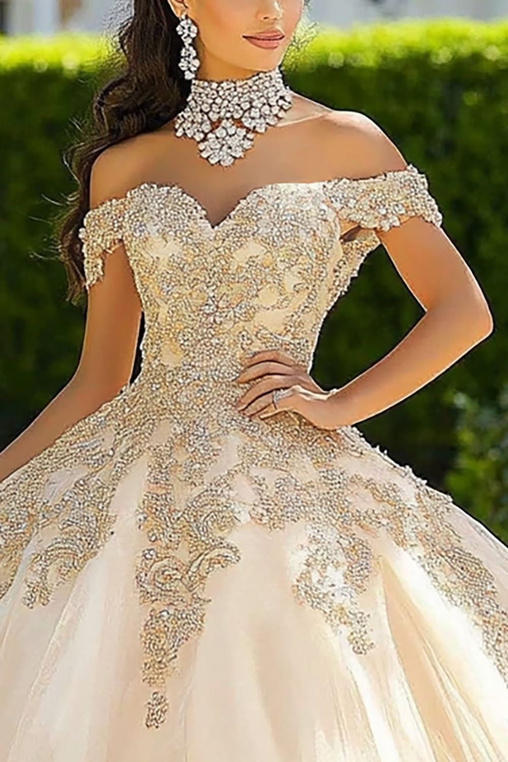 Ball Gown Off the Shoulder Champagne Appliqued Quinceanera Dress