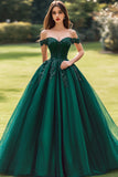 Princess Ball Gown Off the Shoulder Dark Green Appliqued Quinceanera Dress