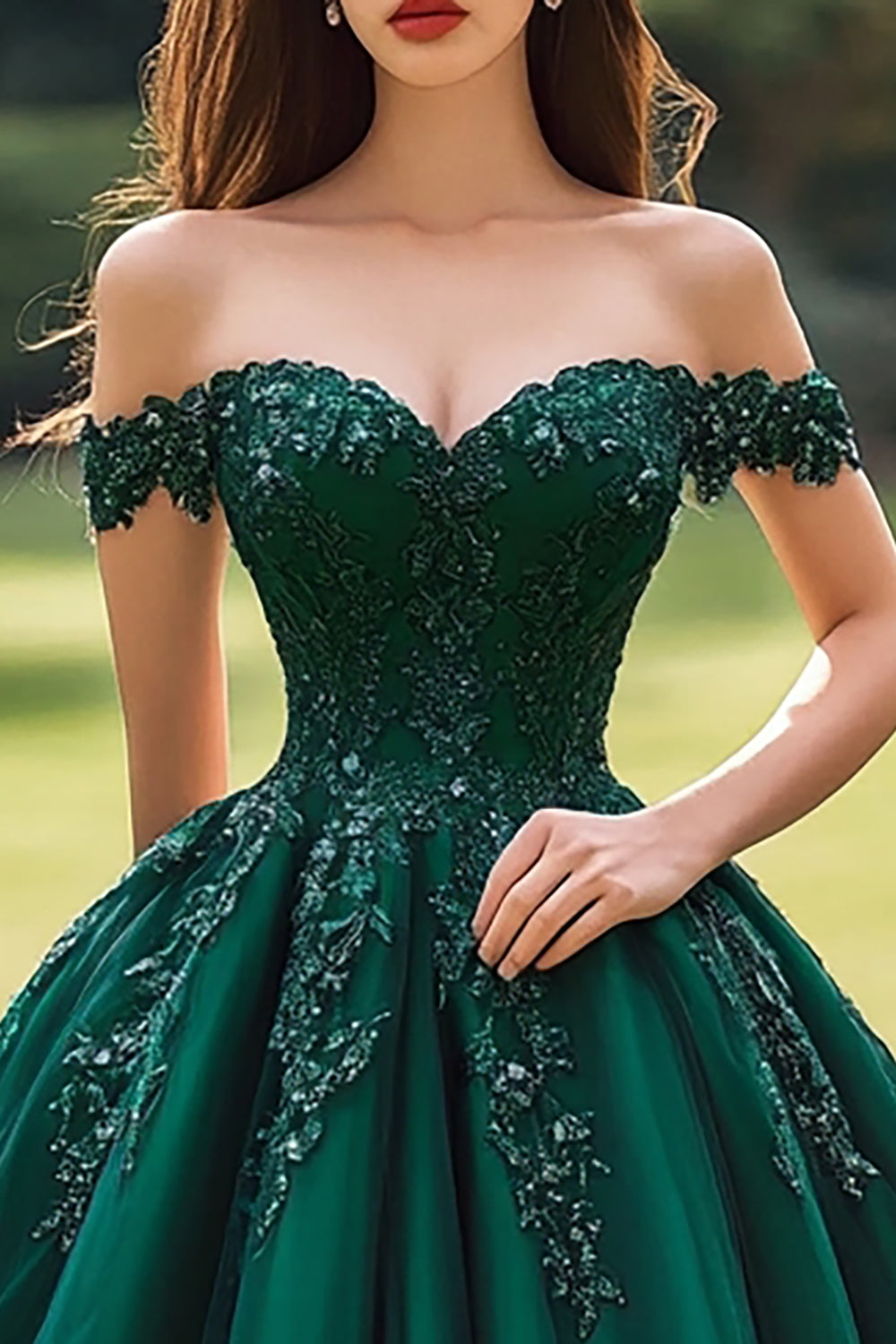 Princess Ball Gown Off the Shoulder Dark Green Appliqued Quinceanera Dress