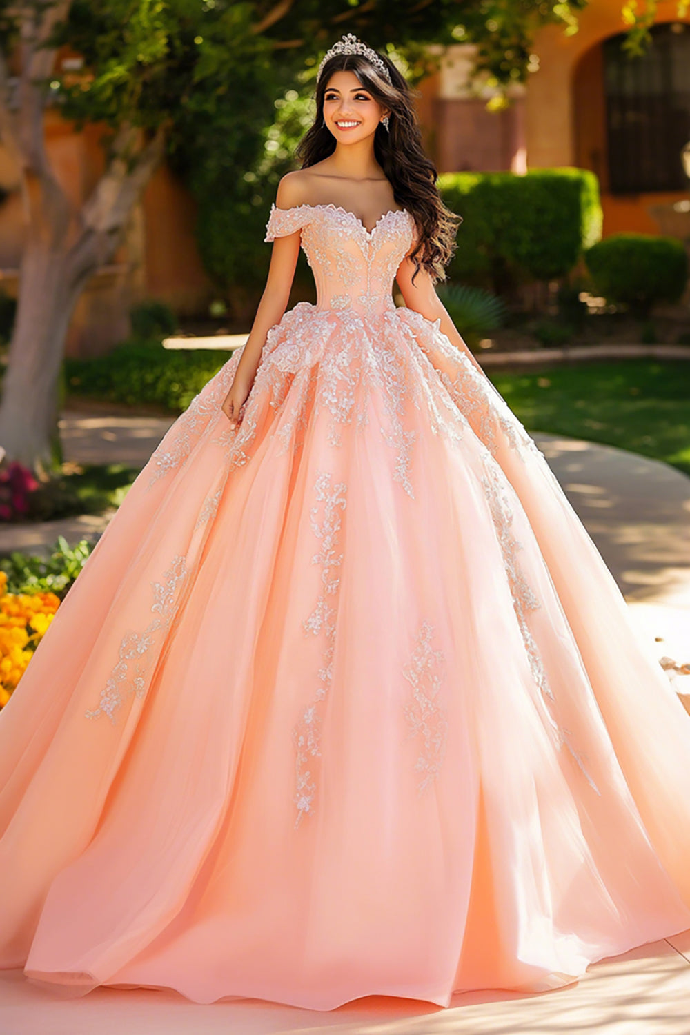 Pink Off the Shoulder Appliqued Ball Gown Quinceanera Dress