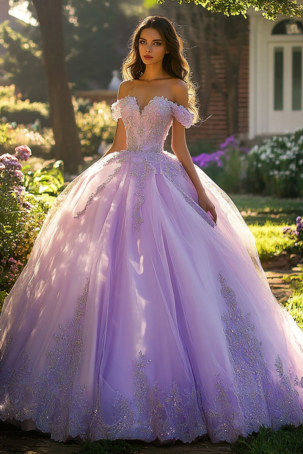 Ball Gown Off the Shoulder Appliqued Lilac Quinceanera Dress