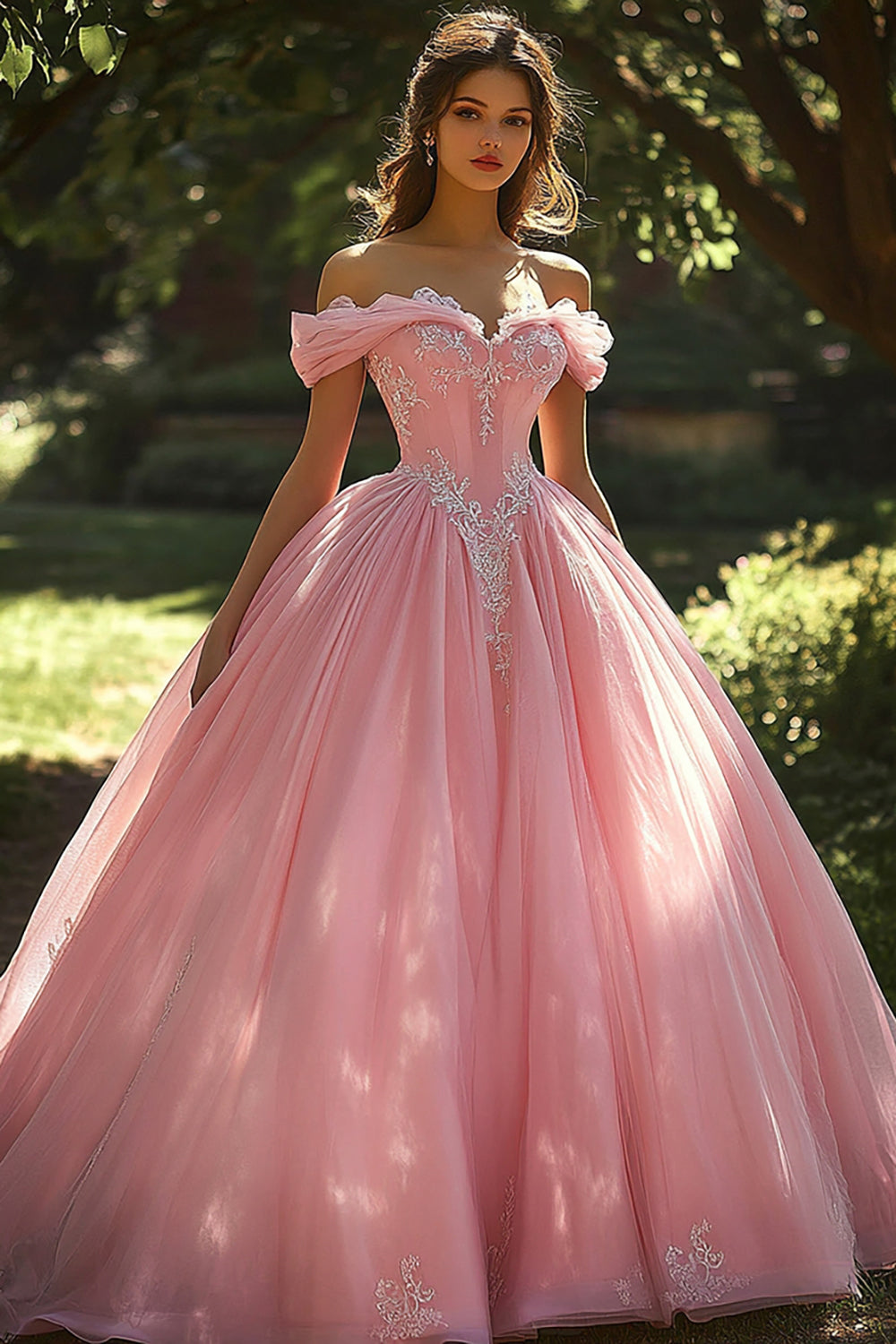 Princess Off the Shoulder Appliqued Ball Gown Pink Quinceanera Dress