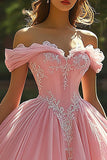Princess Off the Shoulder Appliqued Ball Gown Pink Quinceanera Dress