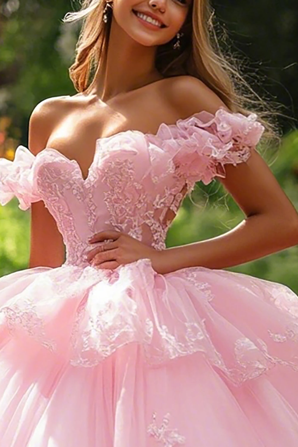 Princess Ruffled Off the Shoulder Ball Gown Pink Quinceanera Dress