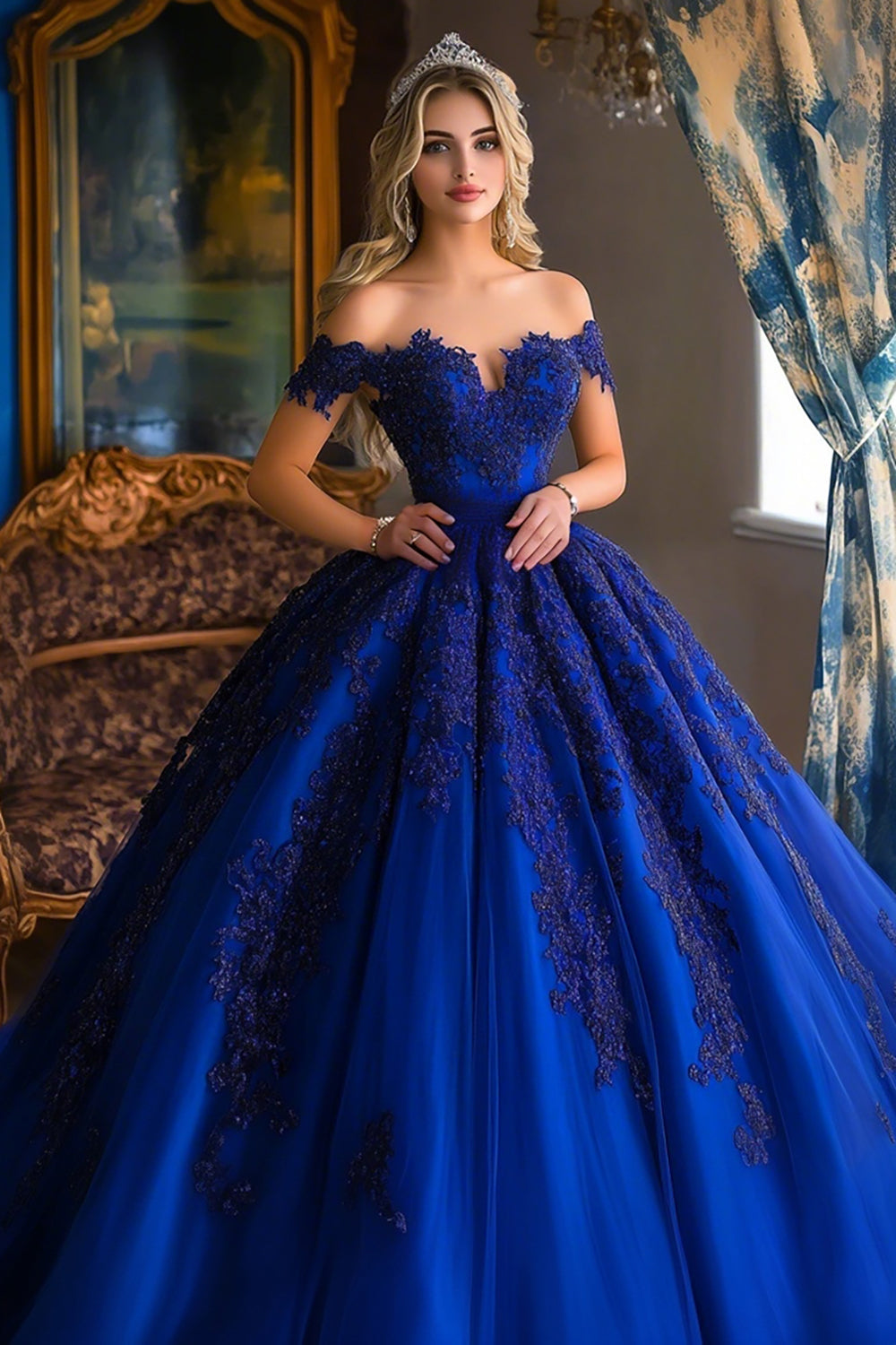 Off the Shoulder Appliqued Ball Gown Royal Blue Quinceanera Dress